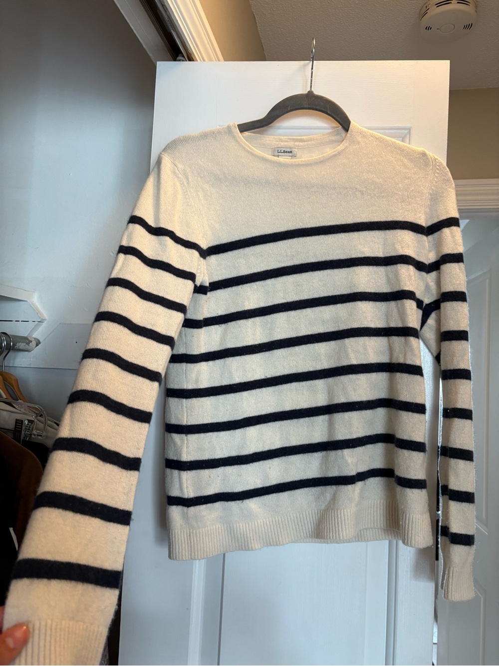 L.L. Bean Crewneck Striped Sweater - Cream with Navy Stripes